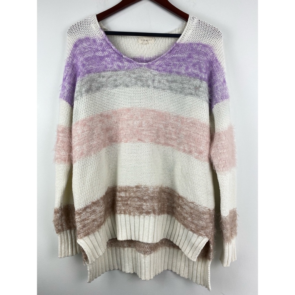Promesa size Small Medium S/M White Purple Pink Striped Fuzzy Sweater
